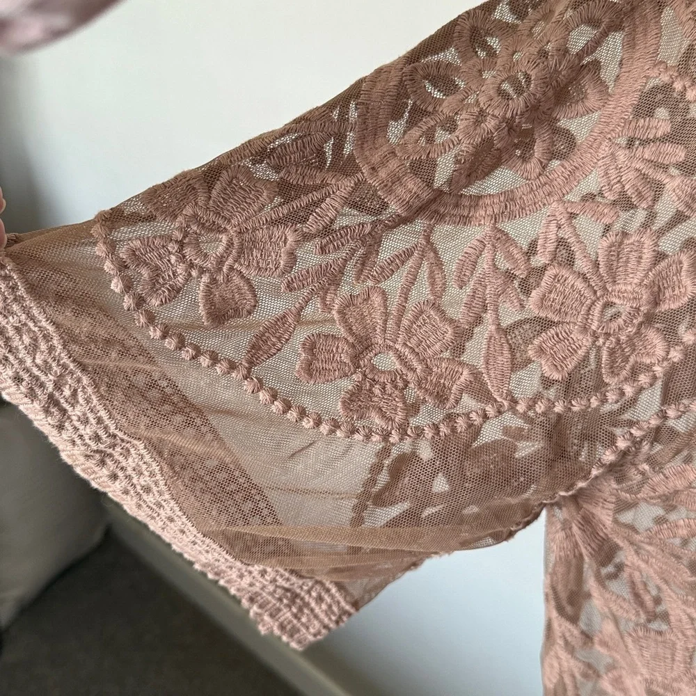 Umgee Sheer Lace Cardigan‎ in Tan/taupe brown SZ S mesh kimono fall festival